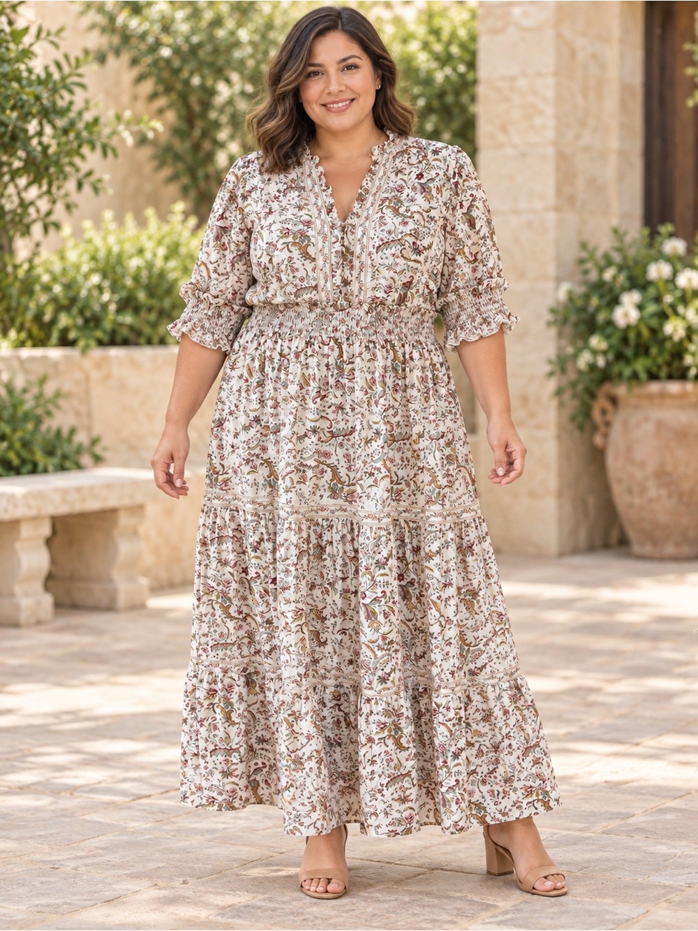 Max studio Floral Smocked Waist Maxi Dress - Cream Floral